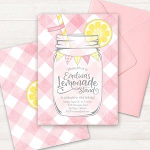 Pink Lemonade Birthday Invitation Kids Girls First Birthday Invite Printable Pink Gingham Buffalo Check Invitation Lemonade Stand Party Baby