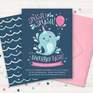 Narwhal Invitation, Printable Narwhal Birthday Party Invite Under Sea Party Invitation, Birthday Invitation Pool Party Invite Narwhal Party