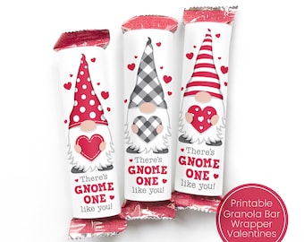 PRINTABLE Granola Bar Valentines Gnome Valentines Classroom Valentines for Kids Valentine Day kid gifts for school Gnomes Valentines Tag