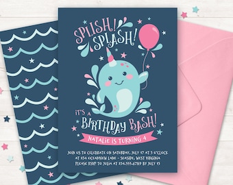 Narwhal Invitation, Printable Narwhal Birthday Party Invite Under Sea Party Invitation, Birthday Invitation Pool Party Invite Narwhal Party