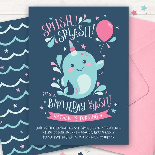 Printable Narwhal Invitation Template Girls Birthday Party - Etsy