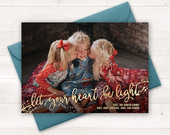 Photo Christmas Card, Let Your Heart Be Light, Printable Holiday Card, Photo Holiday Card, Gold Christmas Card, Merry Little Christmas, Xmas