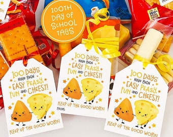 Printable 100th Day of School Tags for Students Snack Tag Classroom Happy 100 Days of School Treat Cheese Snack String Cheese Goldfish Kids