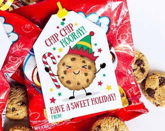 Printable Holiday Treat Tags Classroom Treat Bag Christmas Tags Chocolate Chip Cookie Snack for Students Chip Hooray Kid Holiday Party Favor