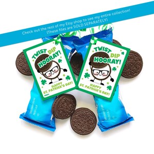 May include: Two printable gift tags with a green, white, and black design. The tags feature a cartoon character with a twisty dip and the text "Twist Dip Hooray! Happy St. Patrick's Day!"