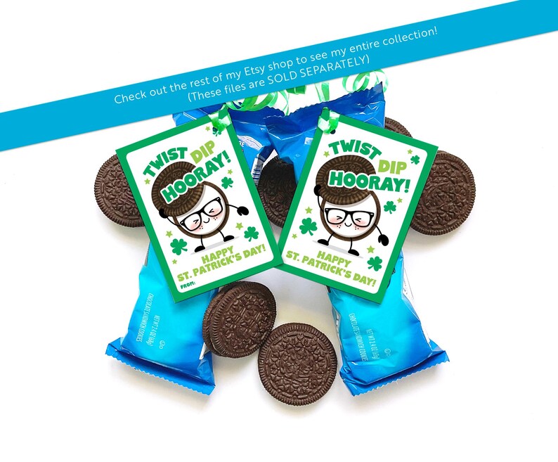 May include: Two printable gift tags with a green, white, and black design. The tags feature a cartoon character with a twisty dip and the text "Twist Dip Hooray! Happy St. Patrick's Day!"