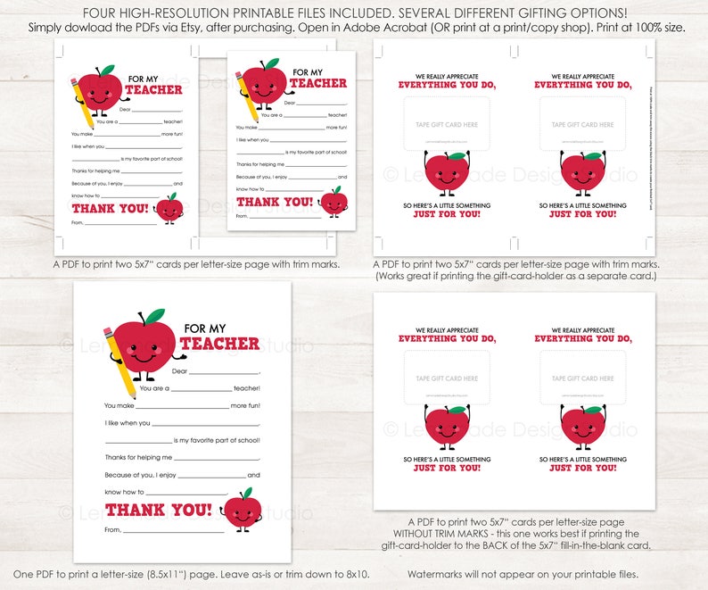 Teacher Appreciation PRINTABLE End of Year Teacher Gift Card Etsy