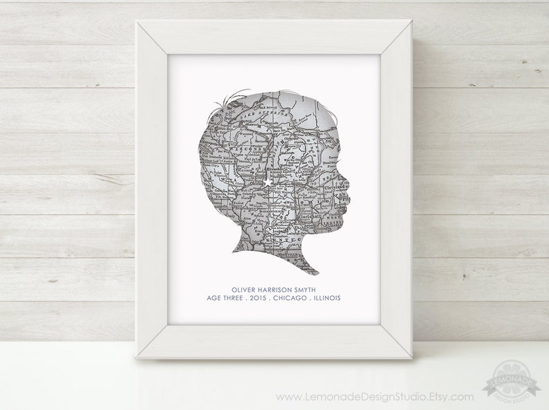 CUSTOM Silhouette, Map Wall Art, Personalized Childrens Silhouette, Map, Unique Gift, Grandparent Gift, Child Silhouette, Nursery Art Print image 9