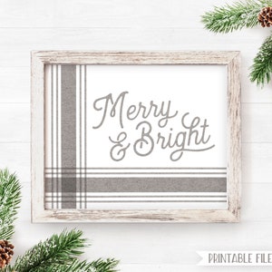 Printable Christmas Decor Merry and Bright, Grey Grain Sack Sign Christmas Sign Farmhouse Christmas Wall Art Printable Holiday Decor