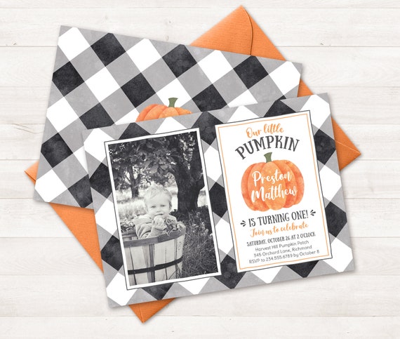 Little Pumpkin First Birthday Invitation, Little Pumpkin Invitations, Little Pumpkin Turning One Invitation Buffalo Plaid Printable Birthday Il_570xn