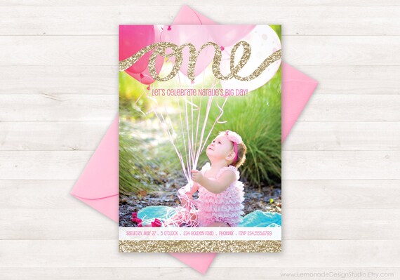 First Birthday Invitation, One Gold Glitter, Birthday Invitation Kids, Pink Gold Invitation, Girl Photo Invite, Pink Gold Birthday Party Il_570xn