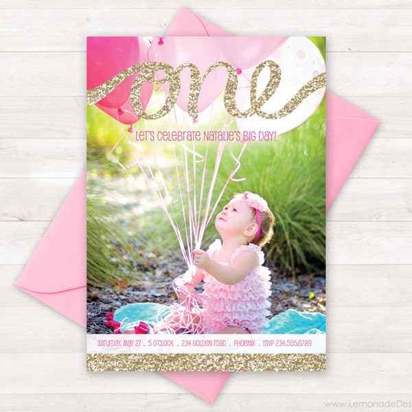 First Birthday Invitation, One Gold Glitter, Birthday Invitation Kids, Pink Gold Invitation, Girl Photo Invite, Pink Gold Birthday Party