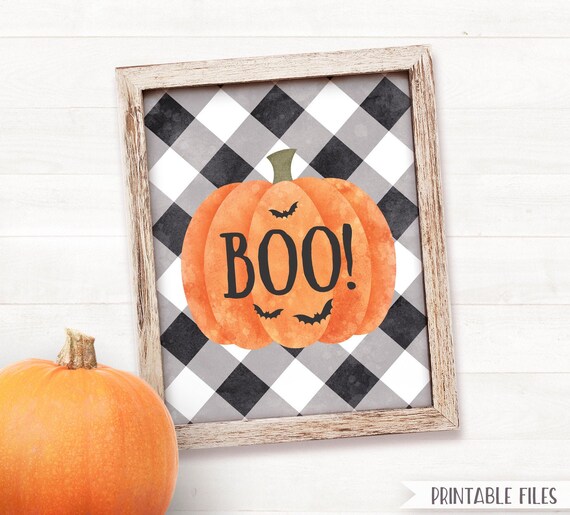PRINTABLE Halloween Decor, Boo Halloween Sign Printable Halloween Decorations Farmhouse Fall Decor, Pumpkin Buffalo Plaid Halloween Wall Art Il_570xn