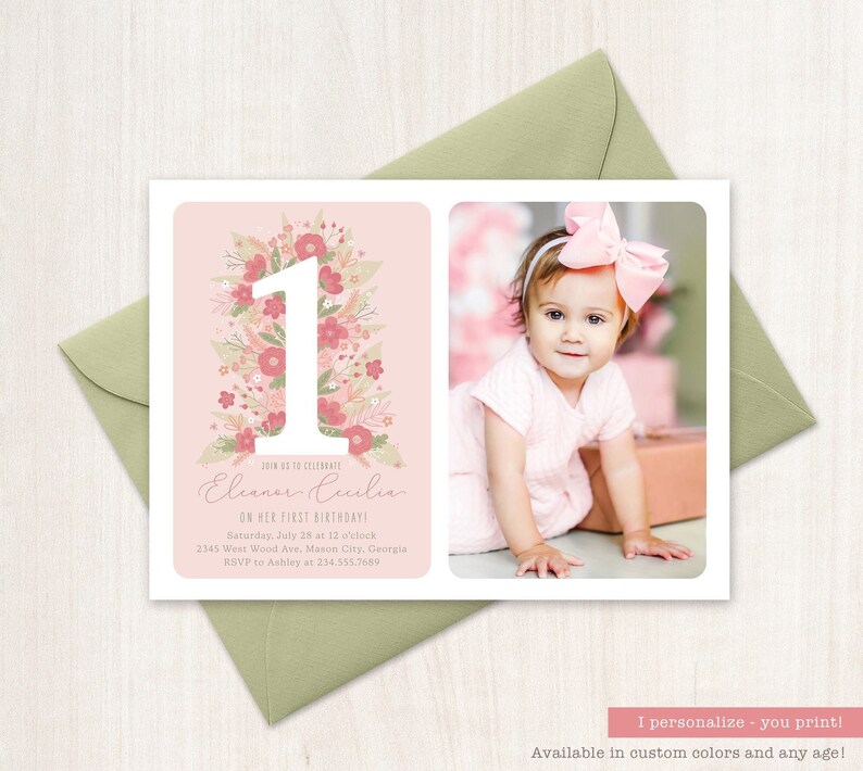 Printable 1st Birthday Invitation Girl Birthday Invite Etsy