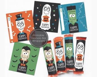 May include: Printable Halloween granola bar wrappers featuring a variety of spooky characters, including a ghost, a skeleton, a vampire, and Frankenstein. The wrappers are decorated with bats, bones, and stars. The text "Happy Halloween!" is printed on each wrapper.