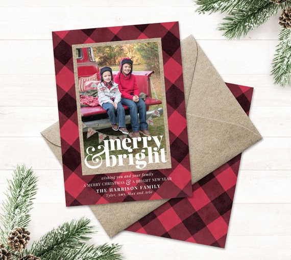 Photo Christmas Card Printable Buffalo Plaid Christmas Cards with Photo, Merry Bright Christmas Card Photo Holiday Cards Farmhouse Christmas Il_570xn