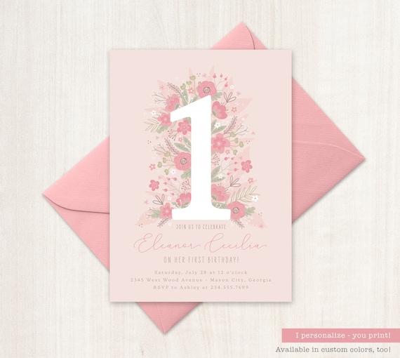 printable first birthday invitation girl birthday invite pink etsy