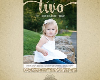 Two Year Old Birthday - Gold Glitter Second Birthday Invitation - Girl Birthday - Big Two - Gold Birthday Printable Photo Invite - 2 years