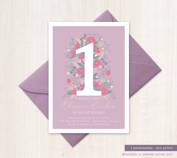 Purple Birthday Girl Invitation Printable Baby's First Birthday Party