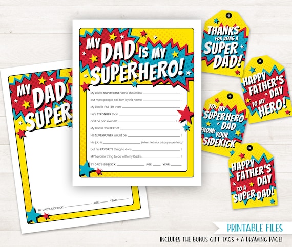 Fathers Day Gift from Kids Fathers Day PRINTABLE Fathers Day Card Gift Tags All About My Dad is My Superhero Fill In from Son Gift for Dads Il_570xn