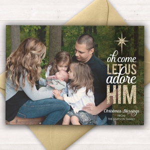 Christian Christmas Card, Photo Christmas Cards, Oh Come Let Us Adore Him Christmas Card, Gold Holiday Card, Religious Christmas Cards, Xmas