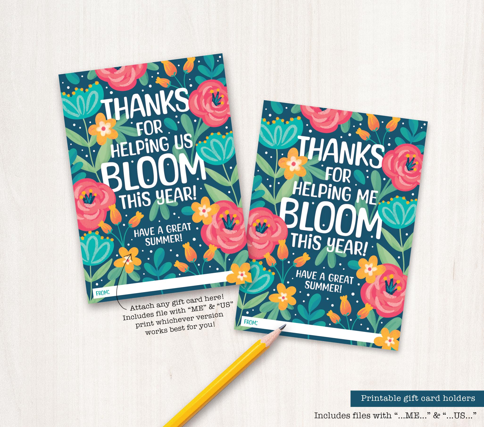 End of Year Teacher Appreciation Gift Card Holder Printable Thank You for Helping Me Bloom This Year Gift from Student Flower Plant Summer