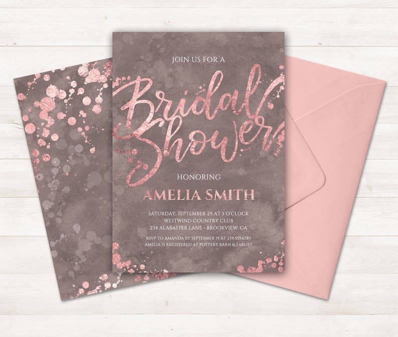 Rose Gold Bridal Shower Invitation, Grey Rose Gold Invitation, Printable Bridal Shower Invite, Pink Grey Watercolor Bridal Shower Invitation image 6