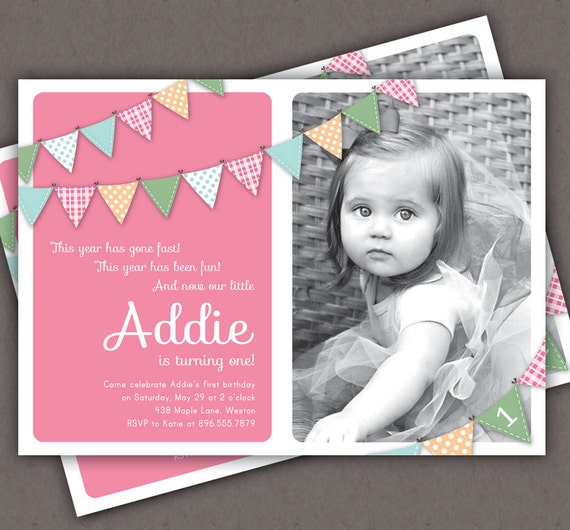 First Birthday Invitation Bunting Flags Banner Photo Printable