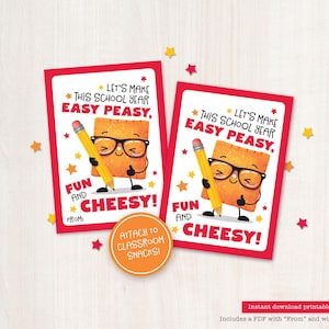 Terug naar school afdrukbare snacktag Meet the Teacher-avond Open huis Kaaskrakers Klas Terug naar school Easy Cheesy schooljaar