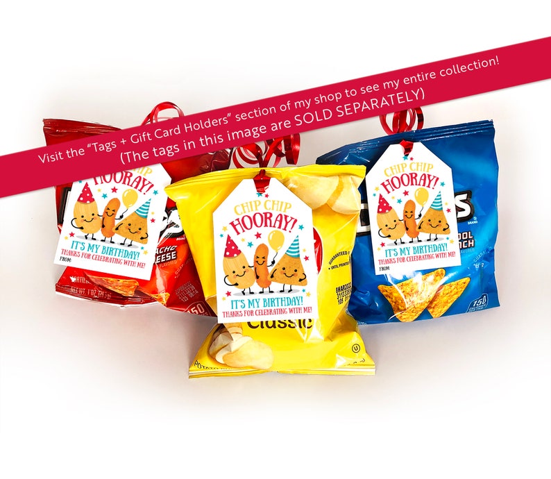 May include: Three bags of chips with birthday party favor tags attached. The tags are white with colorful cartoon chips wearing party hats and the text "Chip Chip Hooray! It's my birthday! Thanks for celebrating with me!"