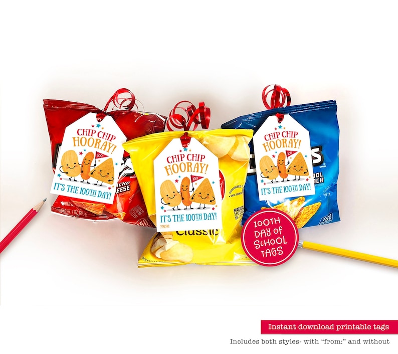 100 Days of School Printable Tag Classroom Snack Tag Chip Bag Tags Gift ...
