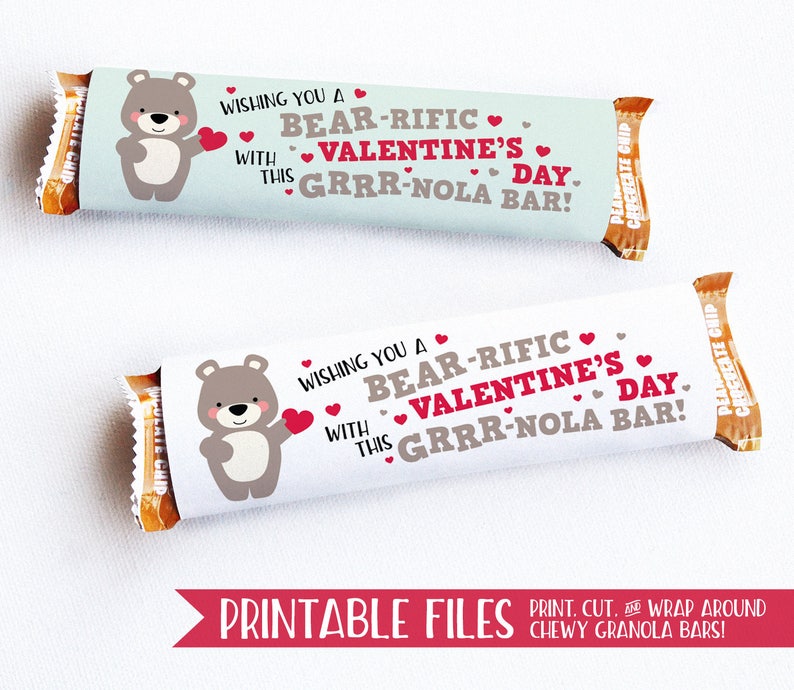 PRINTABLE Classroom Valentine's Kids, Bear Valentine Cards for Kids Valentines for Kids Granola Bar Wrappers, Printable Valentine Treat Tags image 1
