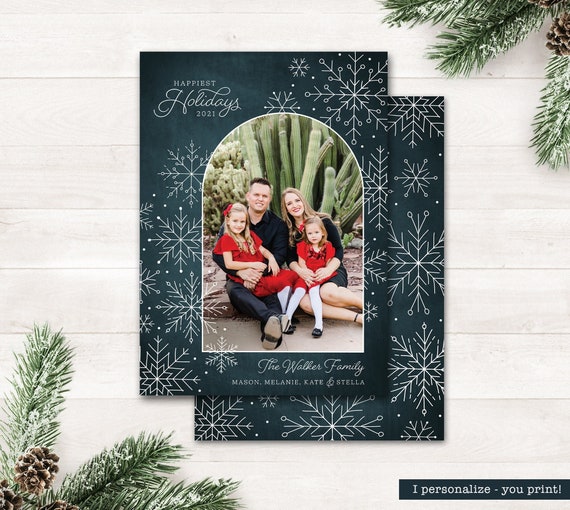 Photo Christmas Card Printable Photo Holiday Cards Printable Modern Arch Christmas Card Snowflake Double Sided Personalized 2021 Xmas Snow Il_570xn
