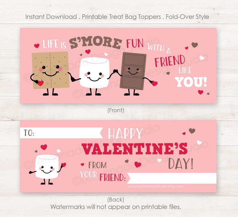 Valentine Treat Bag Toppers PRINTABLE Smores Valentine Cards for Kids Valentines Smores Printable Valentines Kids Treat Tags, Instant DIY image 5