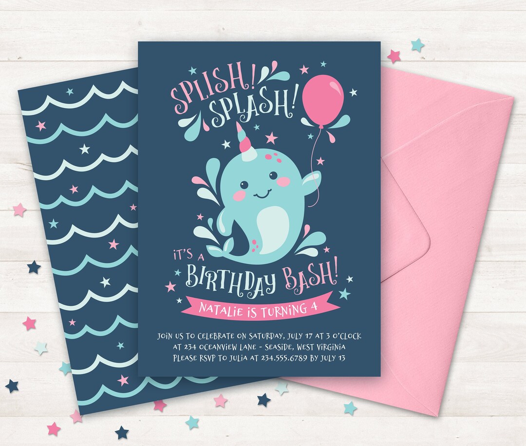 Narwhal Invitation, Printable Narwhal Birthday Party Invite Under Sea ...