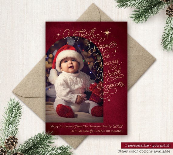 Thrill of Hope Photo Christmas Cards Modern Arch Christmas Card Religious Christmas Printable With Photo Christian Card Weary World Rejoices Il_570xn