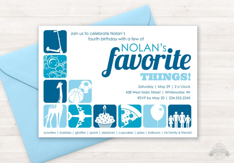 Favorite Things Birthday Party Invitation Custom Printable, Few of My Favorite Things Party Theme, Boy Birthday Party, Girl Birthday Invite image 1