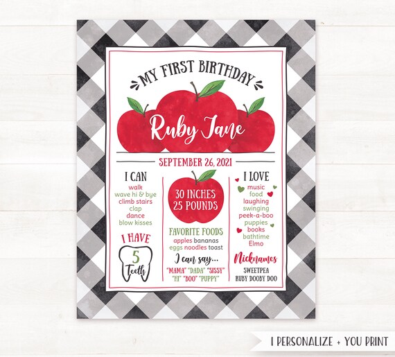PRINTABLE Apple First Birthday Milestone Board Apple of My Eye Birthday Poster Custom Milestone Sign Fall Printable Milestone Buffalo Plaid Il_570xn