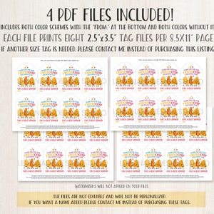 May include: Printable 2.5 x 3.5 inch "Thank You for Your Friendship" gift tags featuring a cartoon chip and dip design. The tags are available in two color schemes and include a "from" line.  The listing includes 4 PDF files, each containing 8 tags.