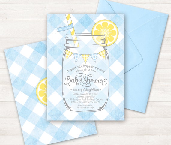 Lemon Baby Shower Invitation, Lemon Baby Shower Invite Printable Baby Blue Gingham Baby Buffalo Check Invitation Summer Boy Baby Summer Baby Il_570xn