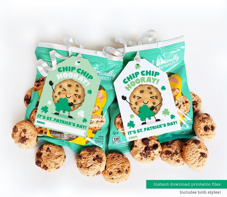 May include: Printable gift tags featuring a cartoon chip cookie with a shamrock and the text "Chip Chip Hooray! It's St. Patrick's Day!"  The tags are green and white with a green shamrock border.