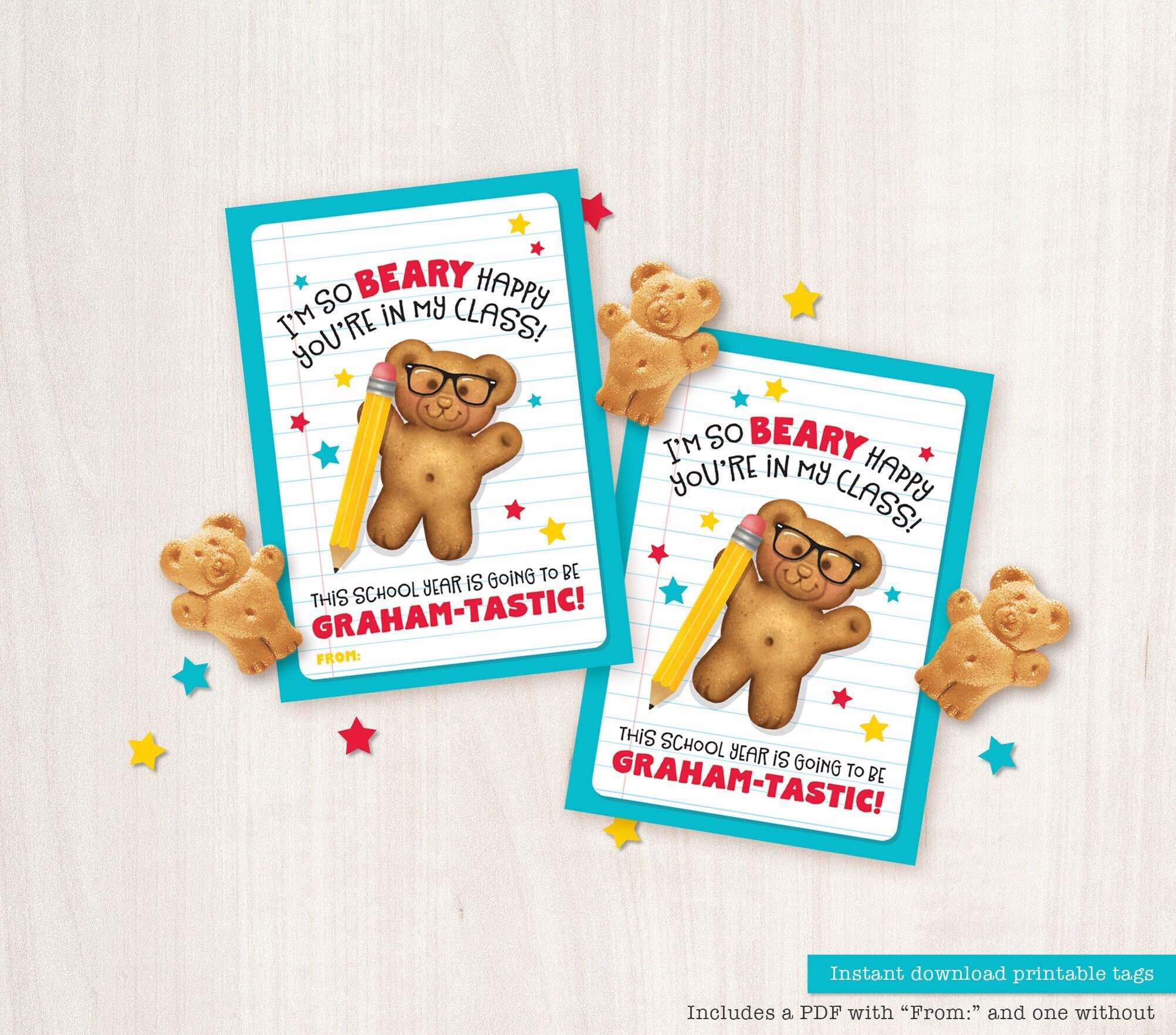 First Day of School Printable Tag Classroom Treat Tag Teddy Bear Grahams Back to School Year Gift for Students from Teacher Classmates Class