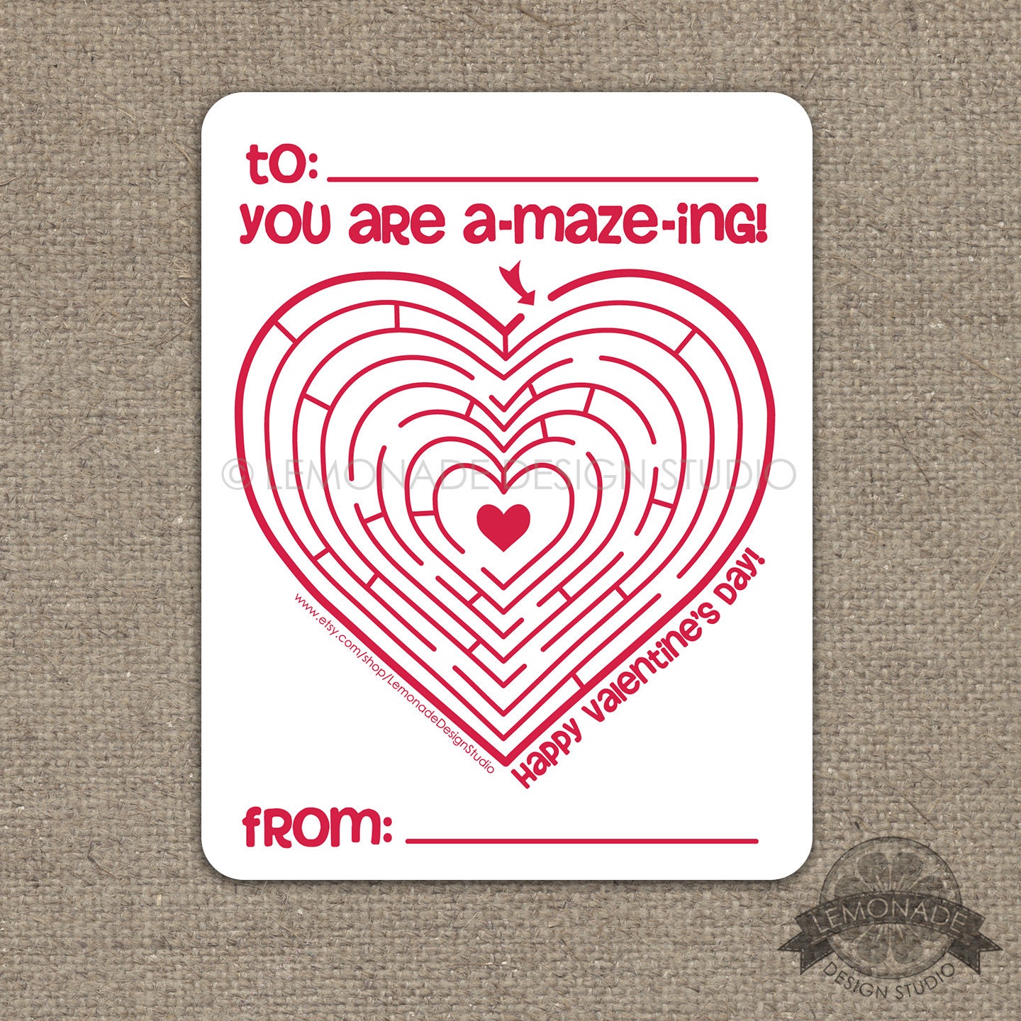 Pencil Valentine Card for Kids, You are A-MAZE-Zing Valentine, Pink