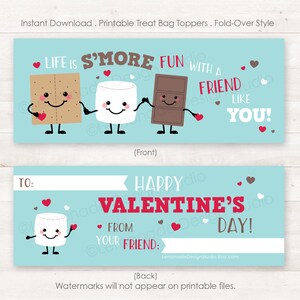 Valentine Treat Bag Toppers PRINTABLE Smores Valentine Cards for Kids Valentines Smores Printable Valentines Kids Treat Tags, Instant DIY image 4