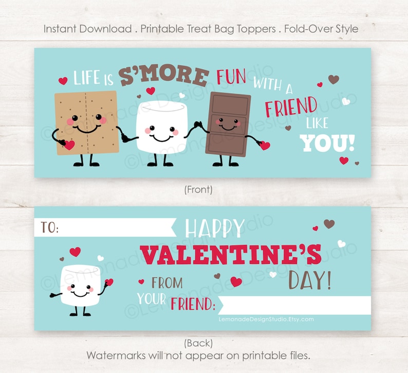 Valentine Treat Bag Toppers PRINTABLE Smores Valentine Cards for Kids Valentines Smores Printable Valentines Kids Treat Tags, Instant DIY image 4