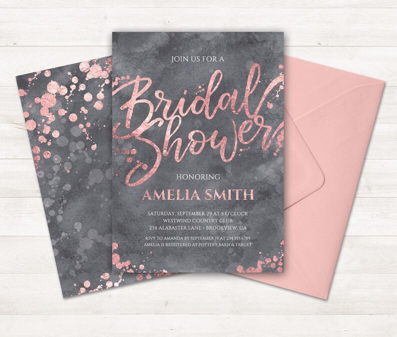 May include: A gray and rose gold bridal shower invitation with a watercolor background and the text "Join us for a Bridal Shower Honoring Amelia Smith" and details about the event.