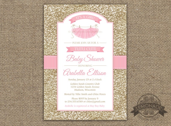 Tutu Cute Baby Shower Invitation Gold Pink Baby Shower Invitation