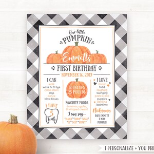 Little Pumpkin First Birthday Milestone Board PRINTABLE Milestone Board, Pumpkin Buffalo Plaid Milestone Poster, Custom Milestone Sign Fall