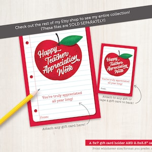 Peut inclure: Porte-carte cadeau imprimable rouge et blanc pour la f&ecirc;te des enseignants avec un motif de pomme et le texte "Happy Teacher Appreciation Week". Vous &ecirc;tes vraiment appr&eacute;ci&eacute; toute l'ann&eacute;e !  Fixez n'importe quelle carte cadeau ici !  Un porte-carte cadeau de 5x7 et une carte/&eacute;tiquette de 2,5x3,5 cm. Imprimez la taille/le format que vous pr&eacute;f&eacute;rez, ou les deux !