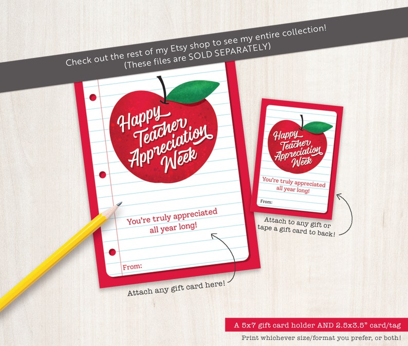 Peut inclure: Porte-carte cadeau imprimable rouge et blanc pour la f&ecirc;te des enseignants avec un motif de pomme et le texte "Happy Teacher Appreciation Week". Vous &ecirc;tes vraiment appr&eacute;ci&eacute; toute l'ann&eacute;e !  Fixez n'importe quelle carte cadeau ici !  Un porte-carte cadeau de 5x7 et une carte/&eacute;tiquette de 2,5x3,5 cm. Imprimez la taille/le format que vous pr&eacute;f&eacute;rez, ou les deux !